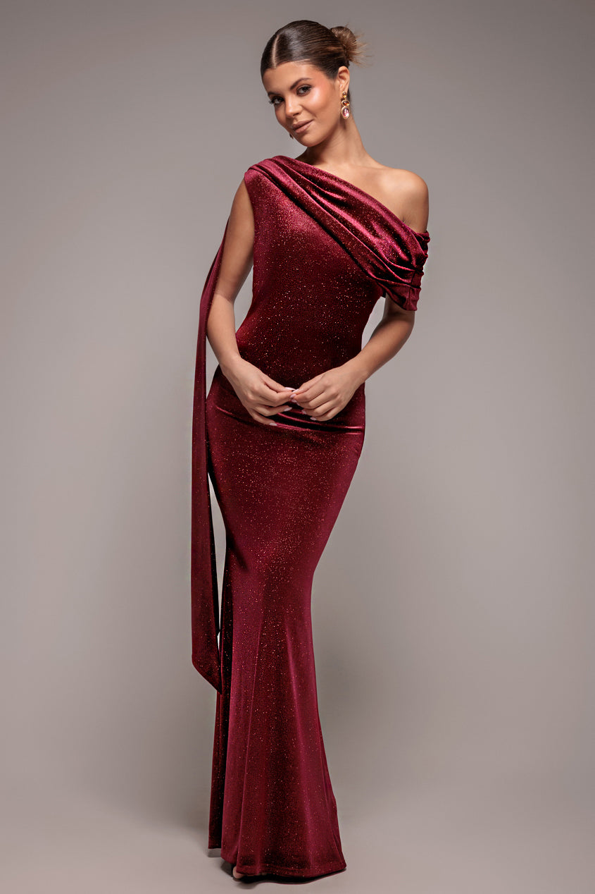 Goddiva Glitter Velvet Sash One Shoulder Bardot Maxi Dress - Wine