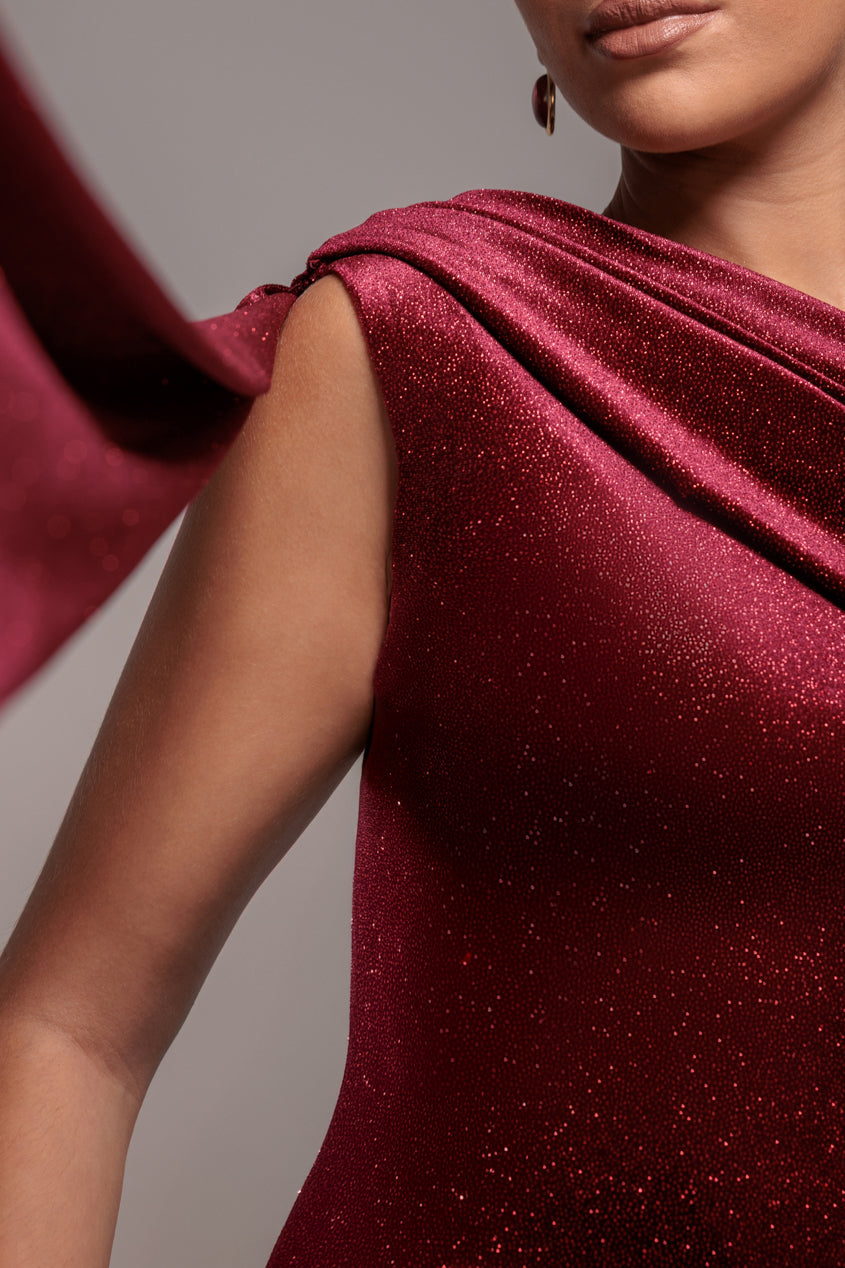 Goddiva Glitter Velvet Sash One Shoulder Bardot Maxi Dress - Wine