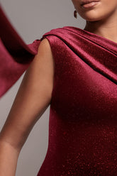 Goddiva Glitter Velvet Sash One Shoulder Bardot Maxi Dress - Wine