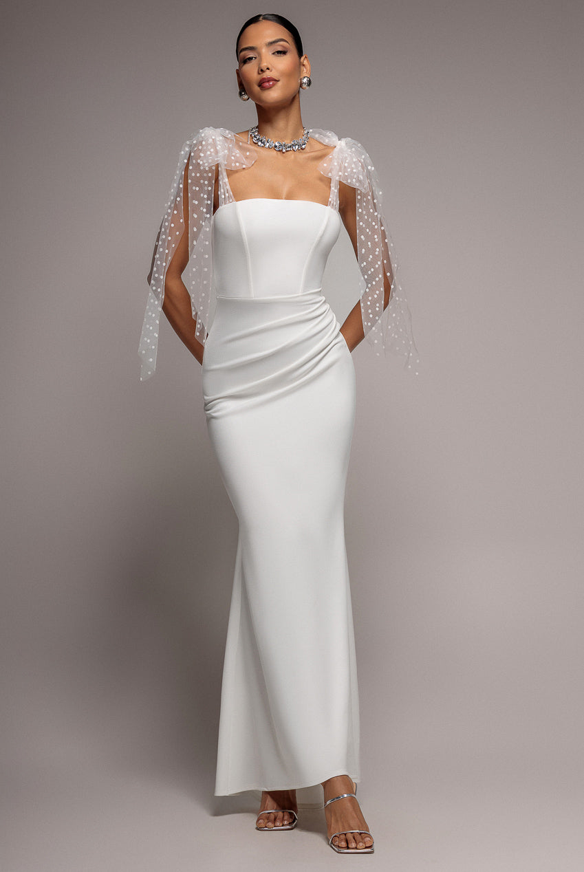 Goddiva Scuba & Polka Mesh Bella Bow Multiway Maxi Dress - White
