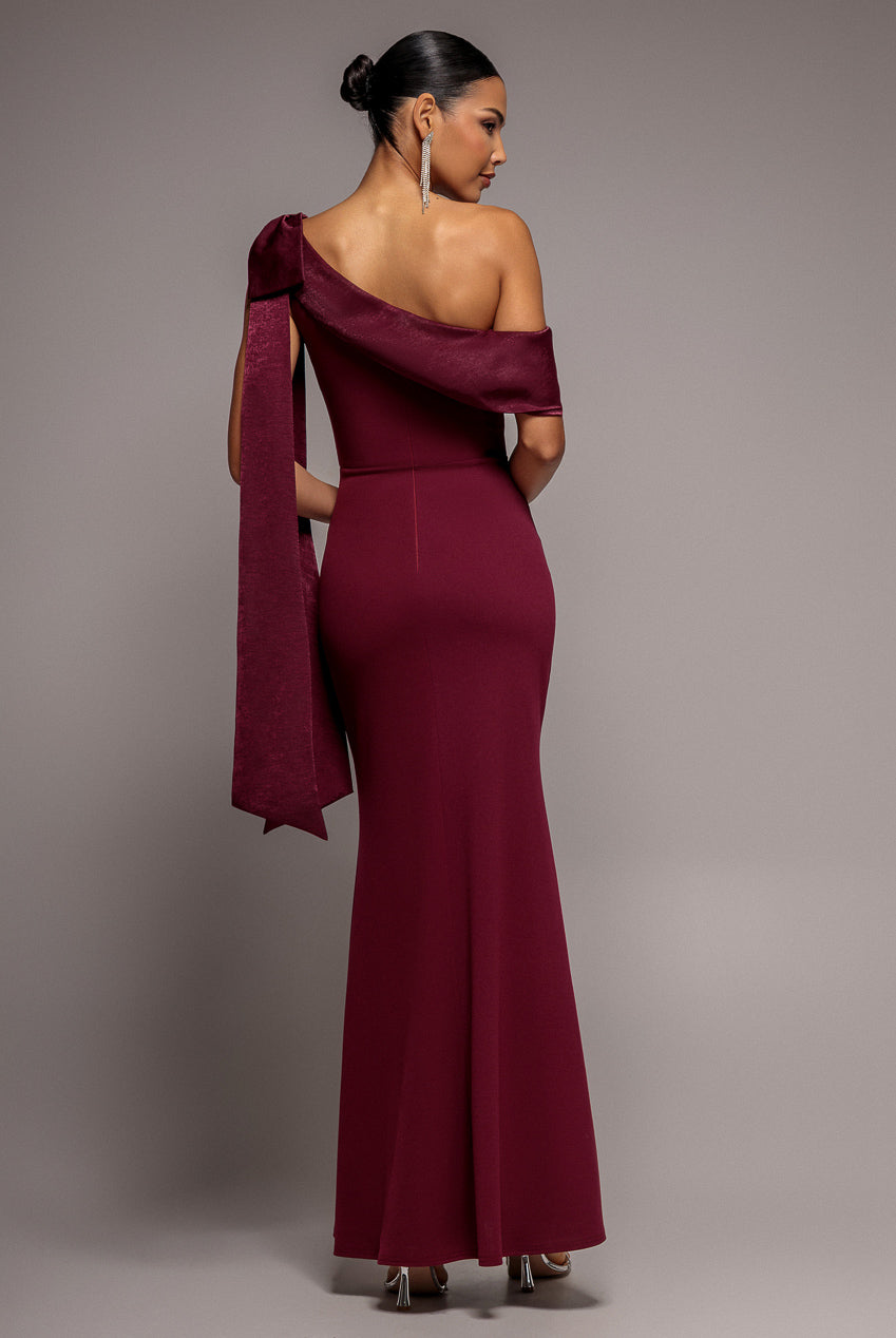 Goddiva One Shoulder Velvet Satin Bow Cape Maxi Dress - Burgundy