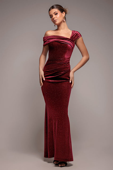 Goddiva Glitter Velvet One Shoulder Maxi Dress - Wine