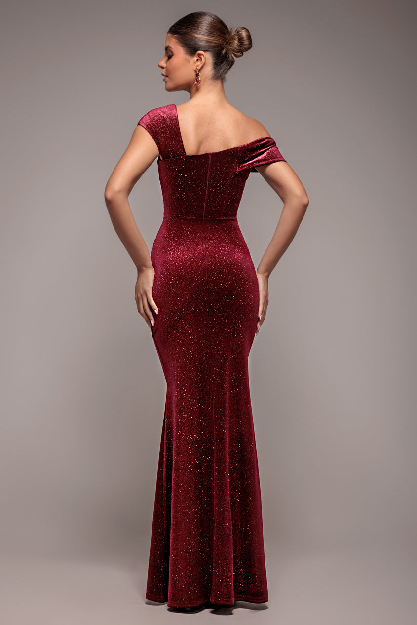 Goddiva Glitter Velvet One Shoulder Maxi Dress - Wine