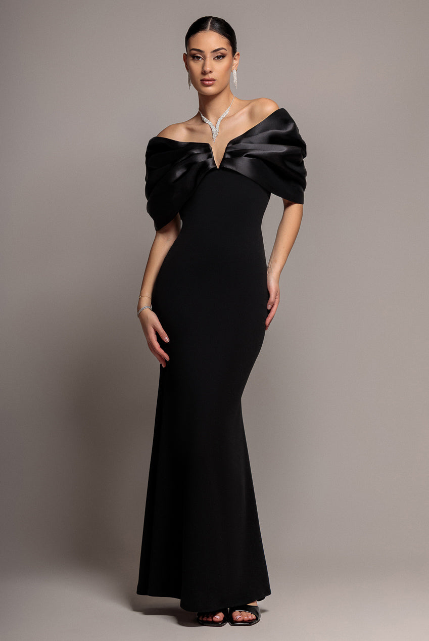 Goddiva Satin Plunge Neck Bardot Scuba Maxi Dress - Black