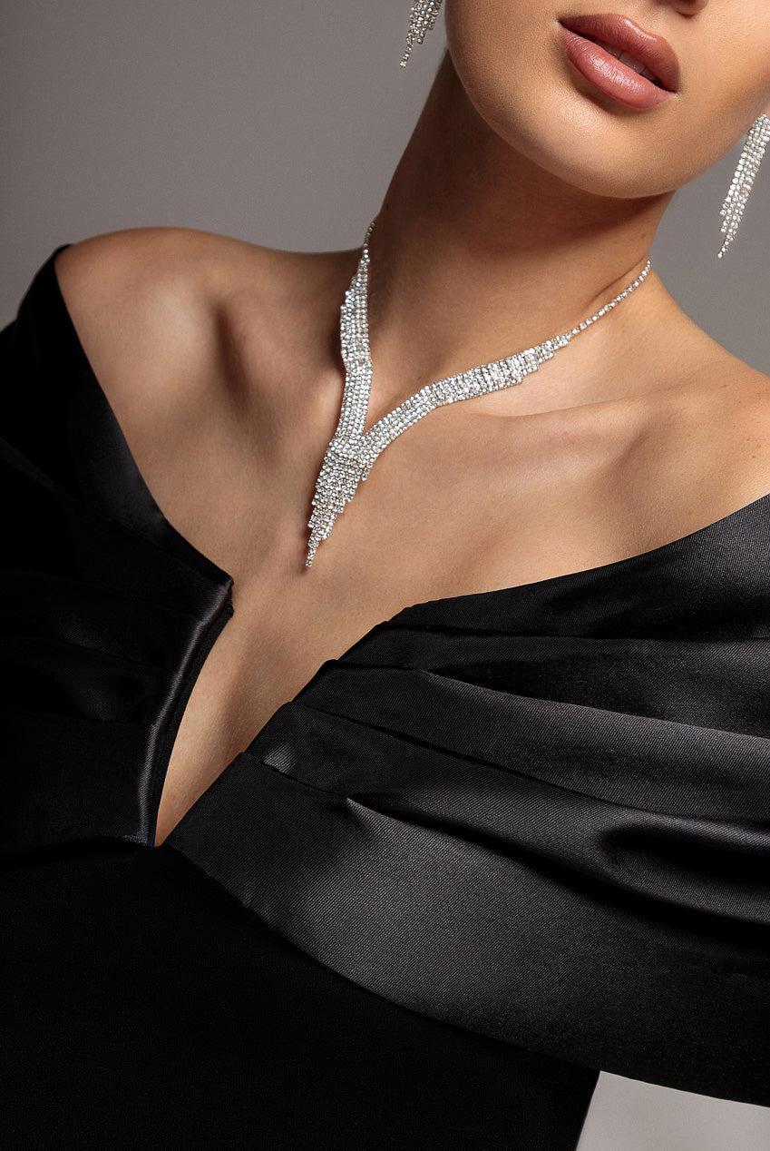 Goddiva Satin Plunge Neck Bardot Scuba Maxi Dress - Black