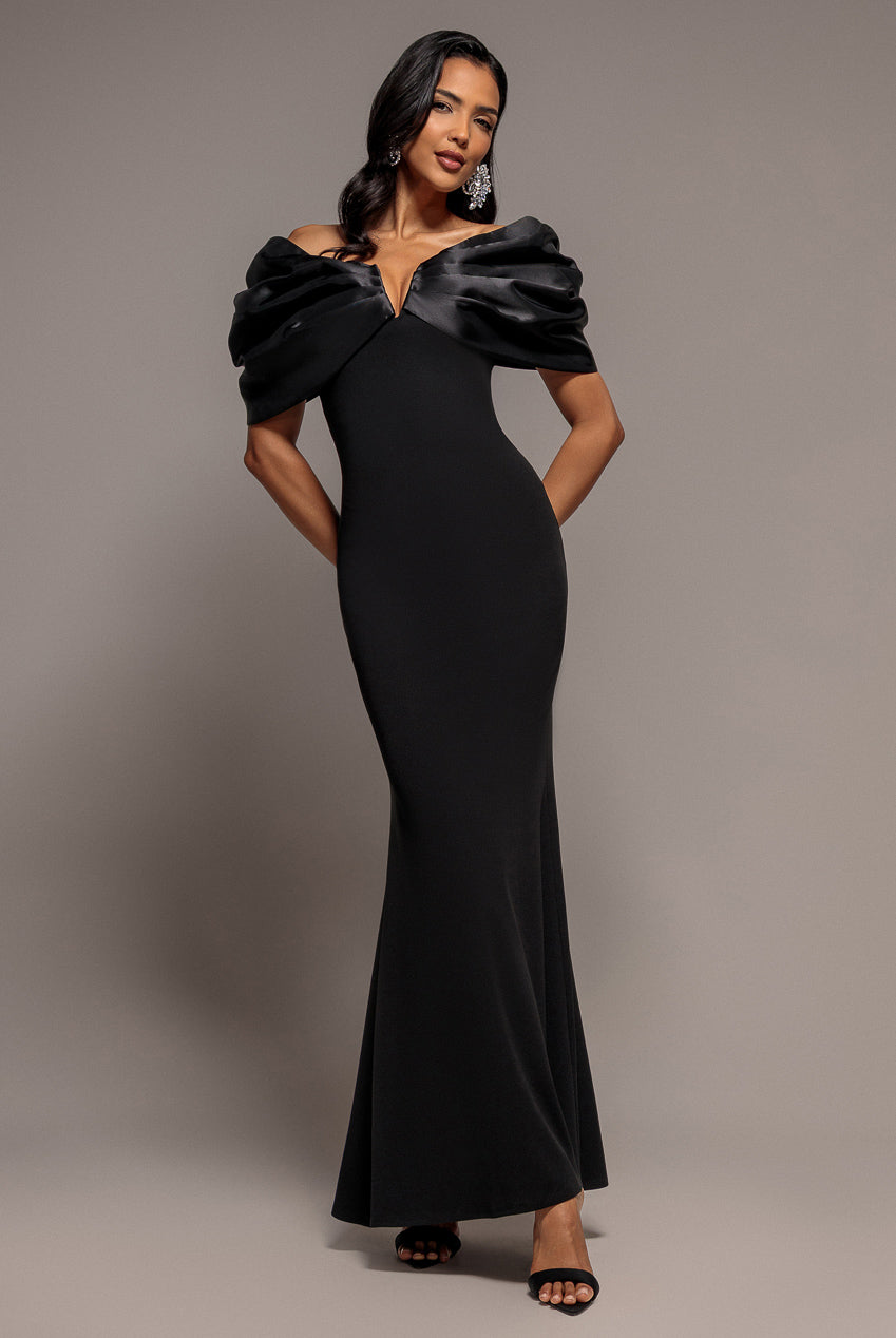 Goddiva Satin Plunge Neck Bardot Scuba Maxi Dress - Black