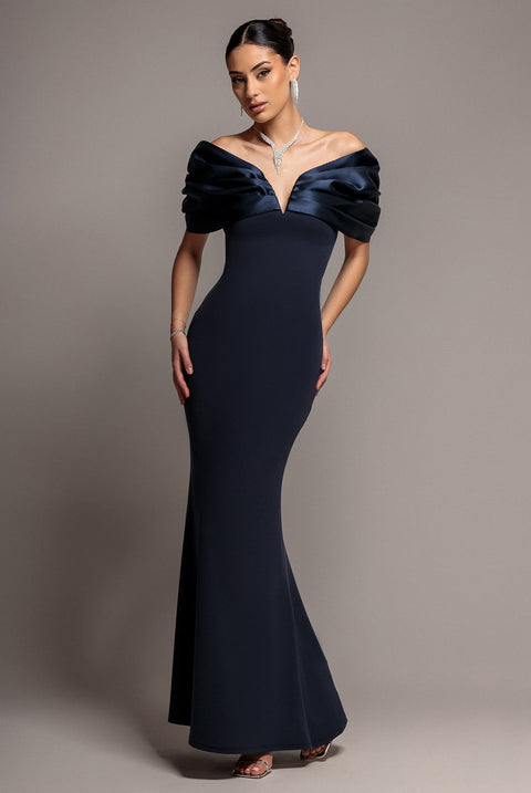 Goddiva Satin Plunge Neck Bardot Scuba Maxi Dress - Navy Blue