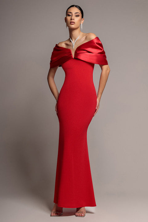 Goddiva Satin Plunge Neck Bardot Scuba Maxi Dress - Red