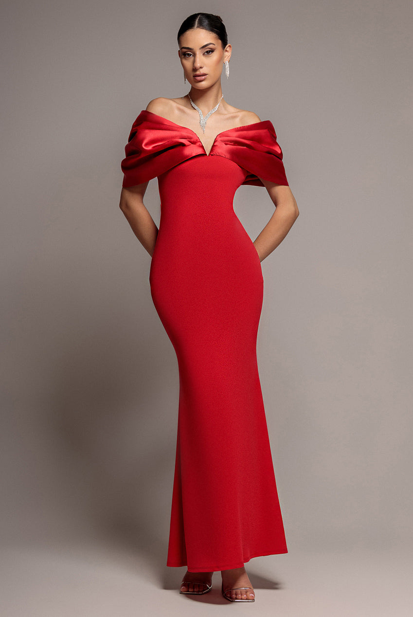 Goddiva Satin Plunge Neck Bardot Scuba Maxi Dress - Red