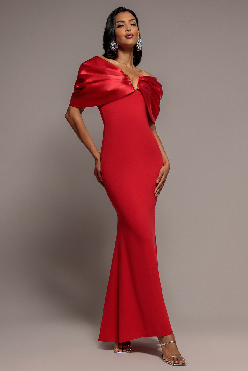 Goddiva Satin Plunge Neck Bardot Scuba Maxi Dress - Red