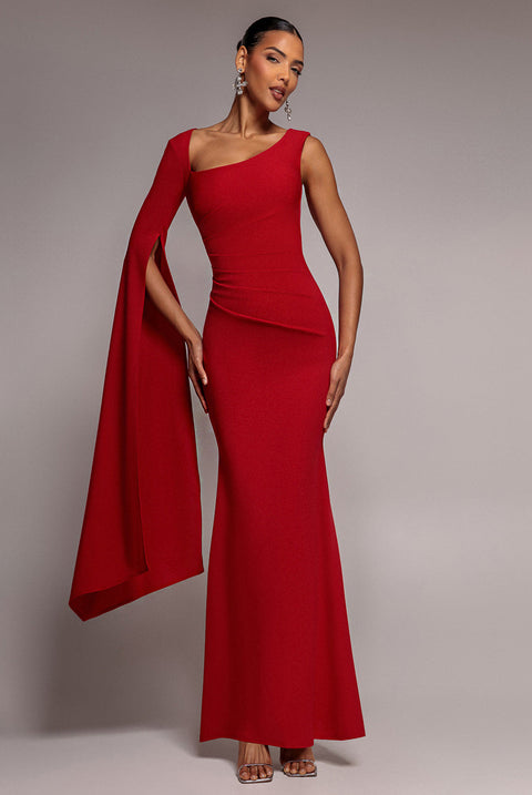 Goddiva One Shoulder Cape Sleeve Maxi Dress - Red
