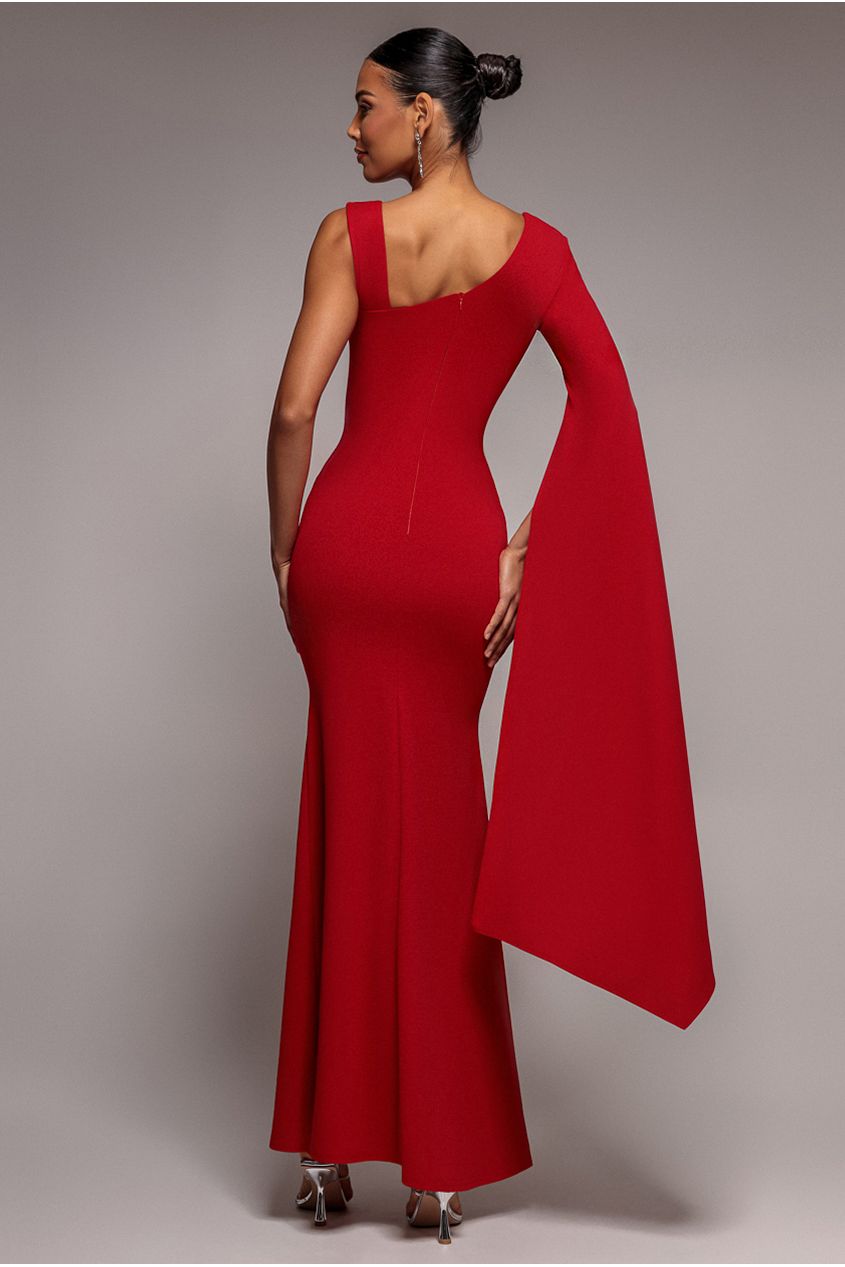 Goddiva One Shoulder Cape Sleeve Maxi Dress - Red