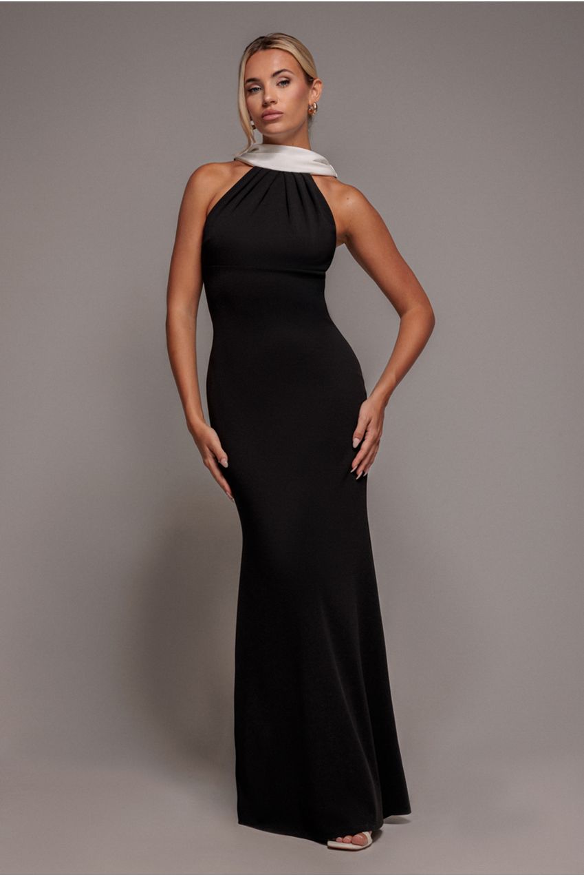 Goddiva Contrast Crepe Halterneck Maxi Dress With Sash - Black Cream