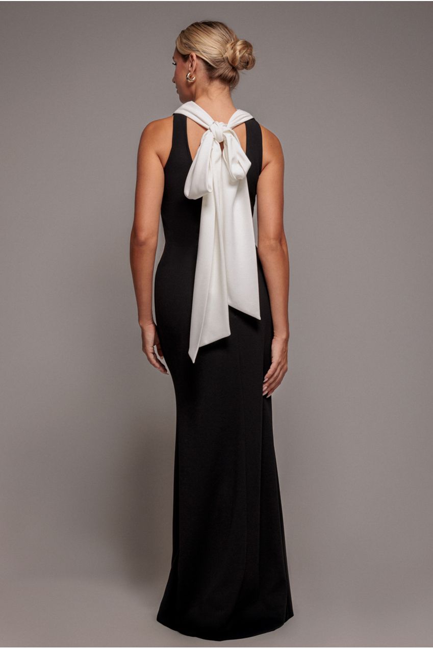 Goddiva Contrast Crepe Halterneck Maxi Dress With Sash - Black Cream