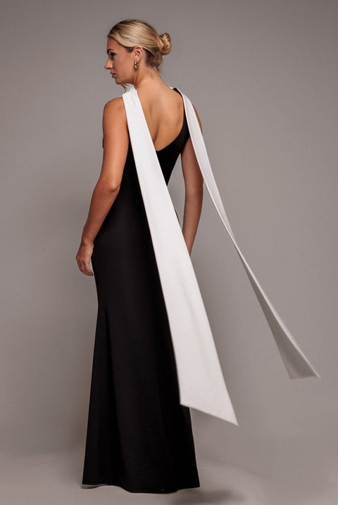 Goddiva Contrast Crepe Halterneck Maxi Dress With Sash - Black Cream