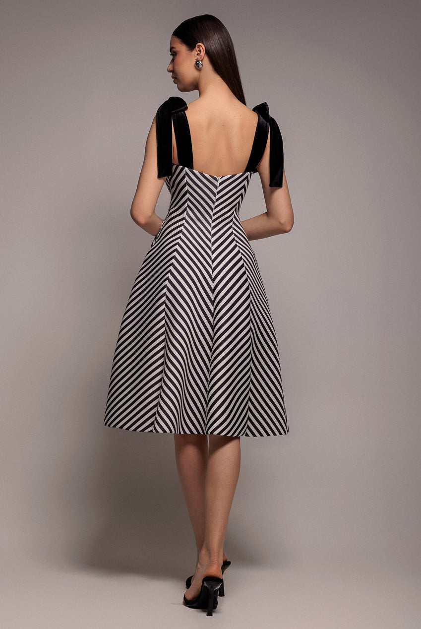 Goddiva Diagonal Stripe Velvet Bow A Line Midi Dress - Black White