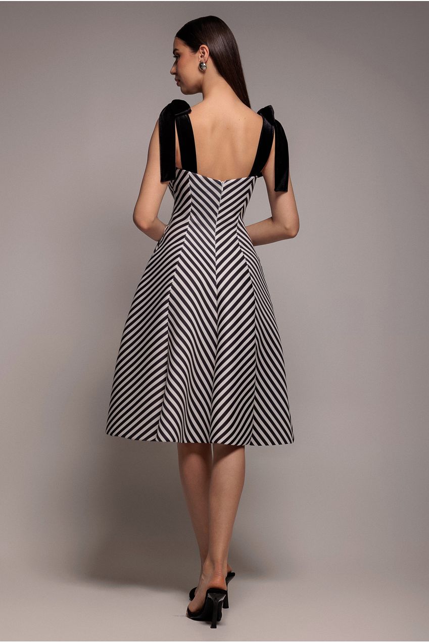 Goddiva Diagonal Stripe Velvet Bow A Line Midi Dress - Black White
