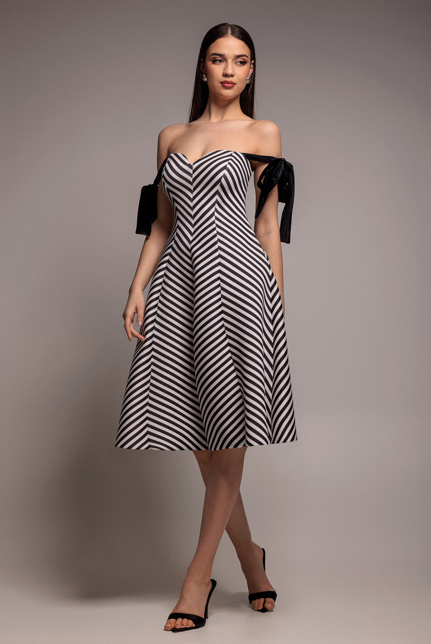Goddiva Diagonal Stripe Velvet Bow A Line Midi Dress - Black White