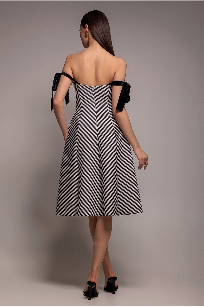 Goddiva Diagonal Stripe Velvet Bow A Line Midi Dress - Black White