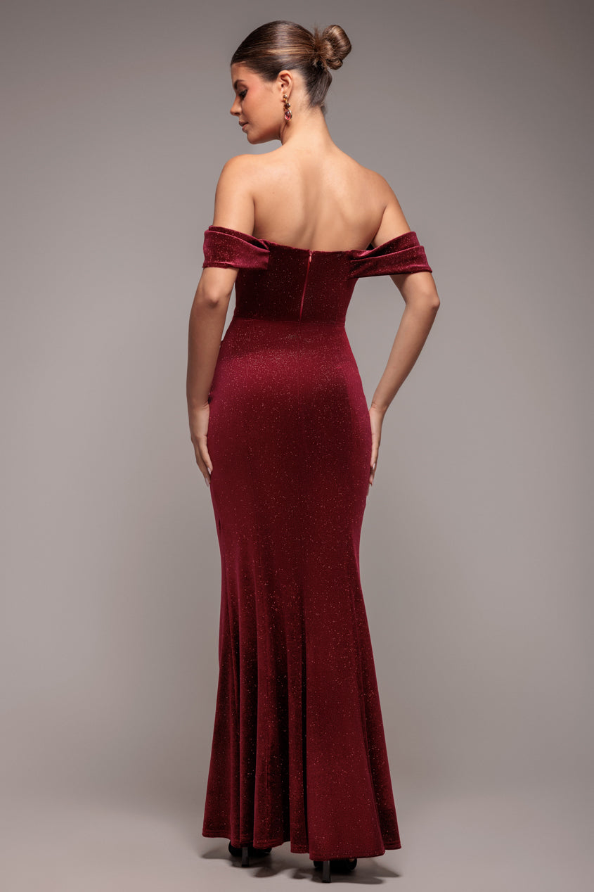 Goddiva Glitter Velvet Cowl Neck Pleated Waist Maxi Dress - Wine