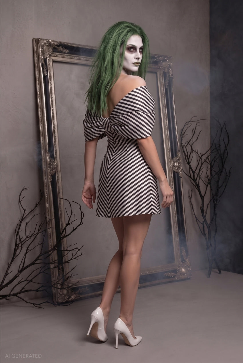 Goddiva Striped A-line Mini Beetlejuice-Inspired Halloween Costume - Black White