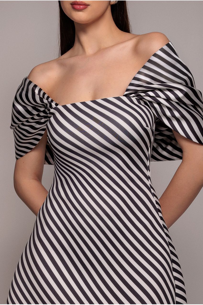 Goddiva Stripe Off Shoulder Bow Back Satin Bow Mini Dress - Black White