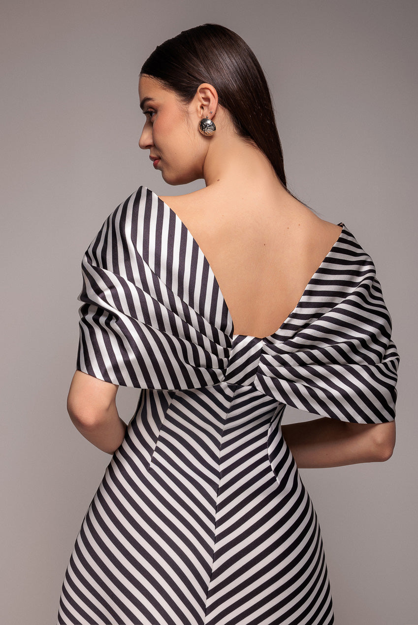 Goddiva Stripe Off Shoulder Bow Back Satin Bow Mini Dress - Black White