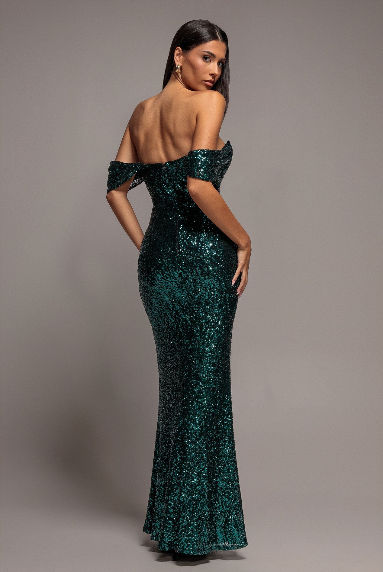 Goddiva Front Gathered Sequin Wing Maxi Dress - Emerald Green