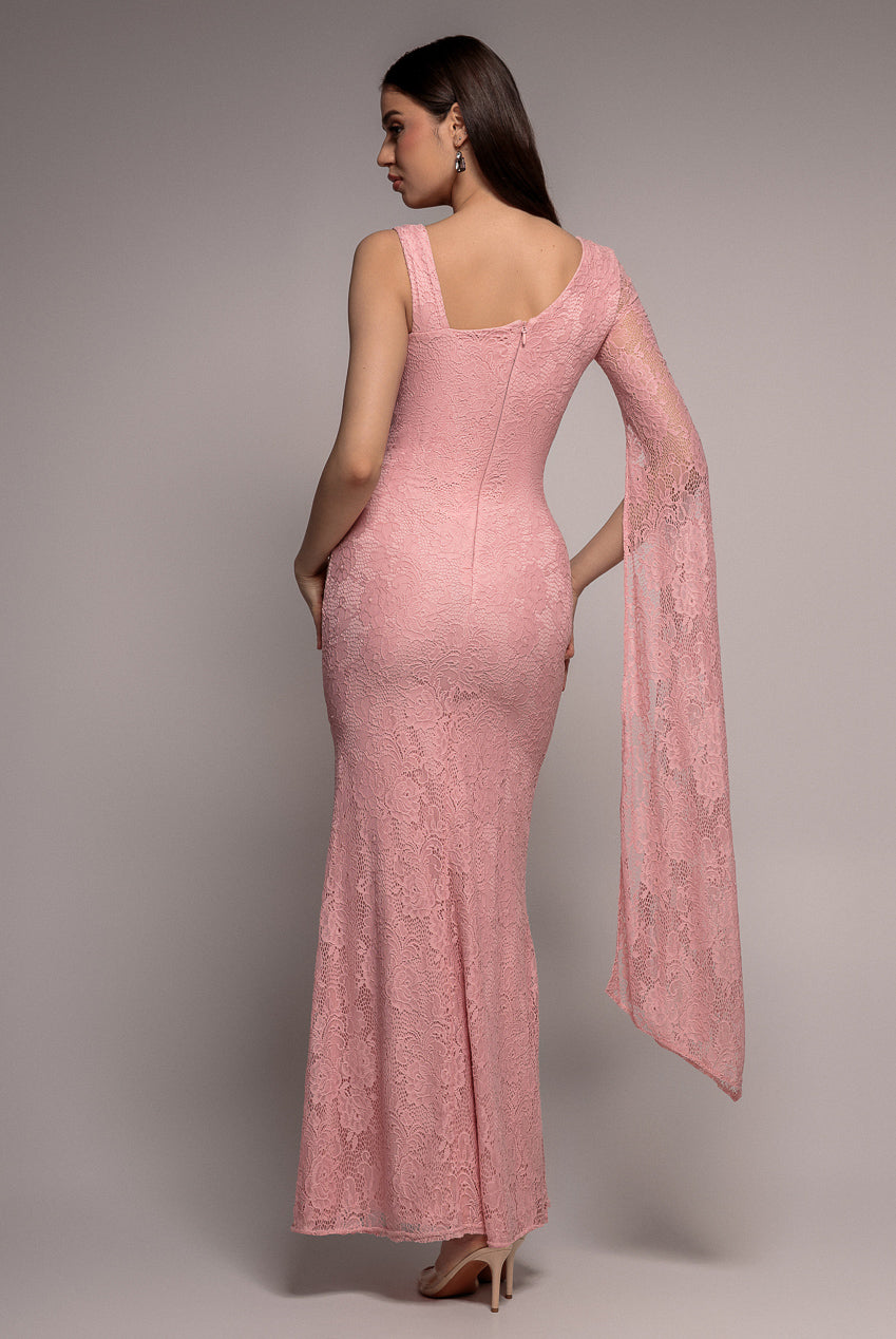 Goddiva One Shoulder Cape Sleeve Pleated Lace Maxi Dress - Blush Pink