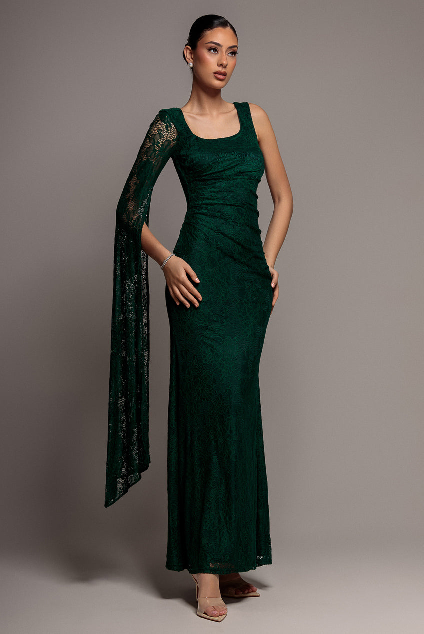 Goddiva One Shoulder Cape Sleeve Pleated Lace Maxi Dress - Emerald Green
