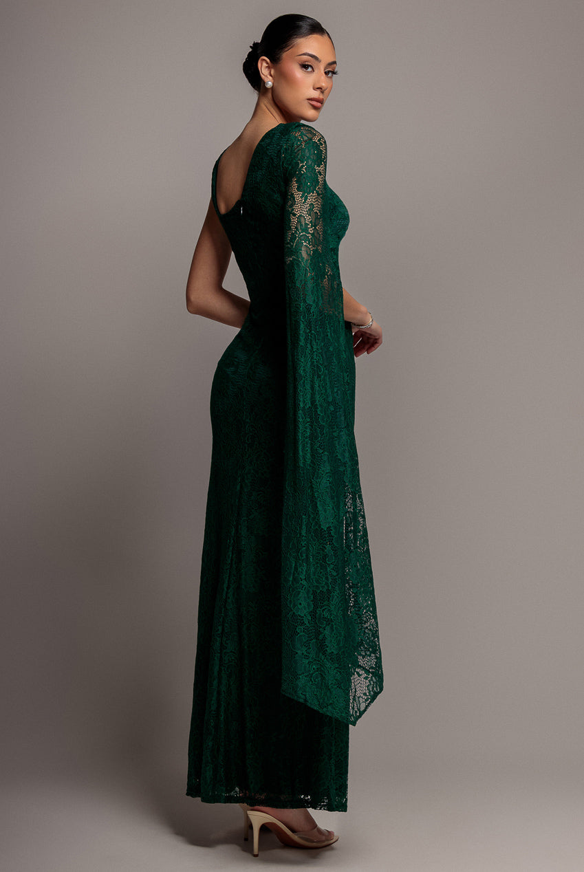 Goddiva One Shoulder Cape Sleeve Pleated Lace Maxi Dress - Emerald Green