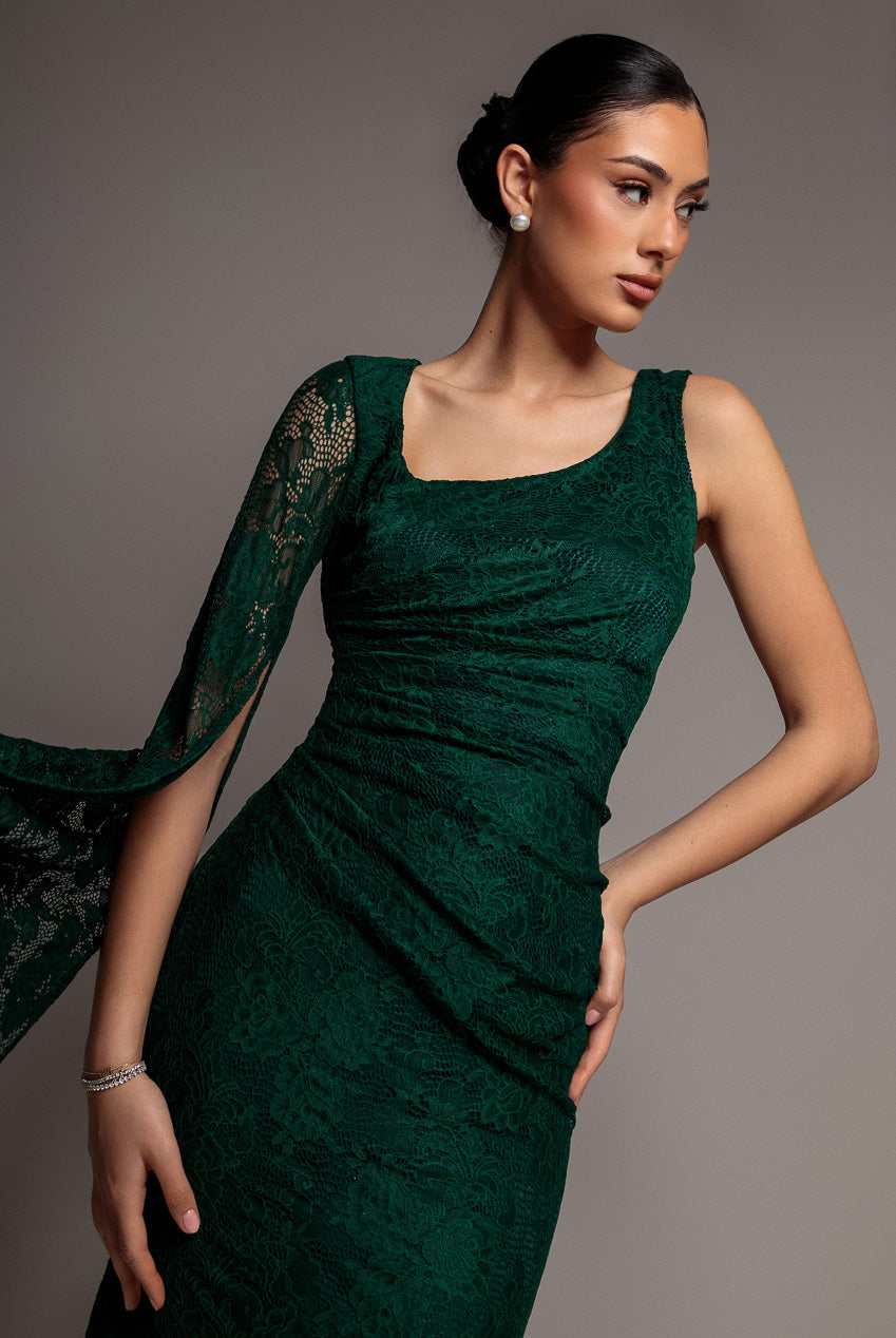 Goddiva One Shoulder Cape Sleeve Pleated Lace Maxi Dress - Emerald Green
