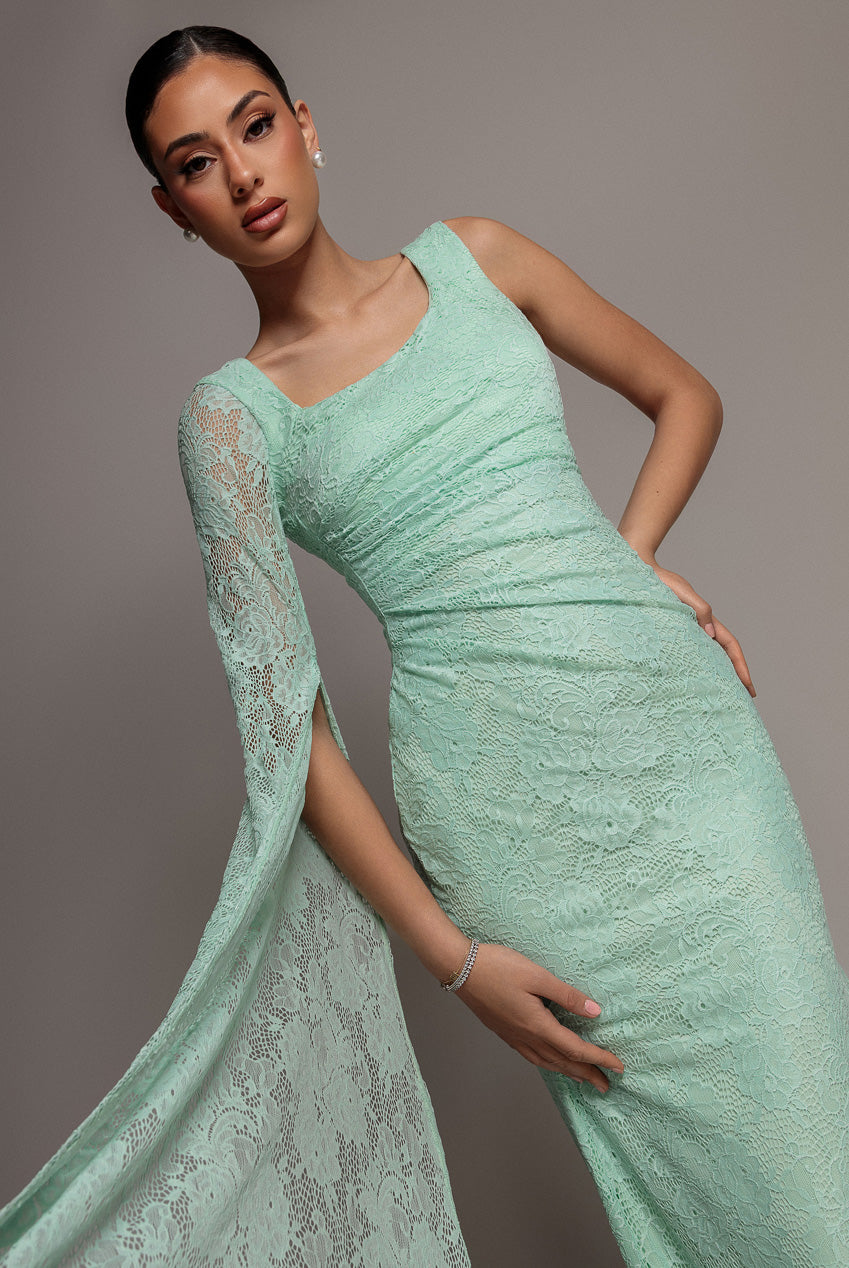 Goddiva One Shoulder Cape Sleeve Pleated Lace Maxi Dress - Mint Green