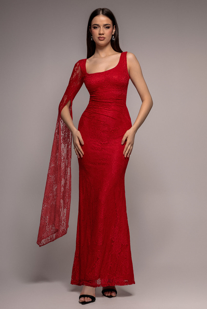 Goddiva One Shoulder Cape Sleeve Pleated Lace Maxi Dress - Red