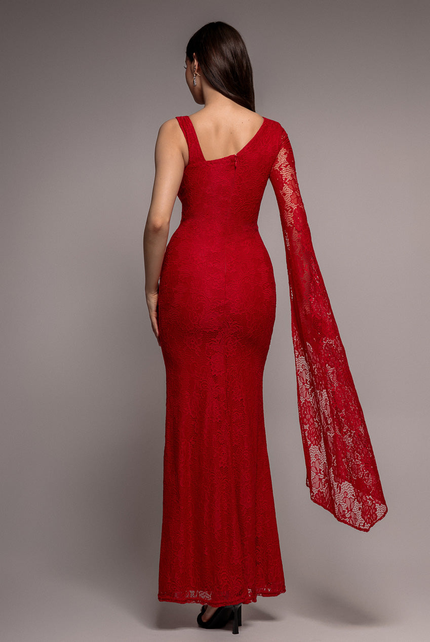 Goddiva One Shoulder Cape Sleeve Pleated Lace Maxi Dress - Red