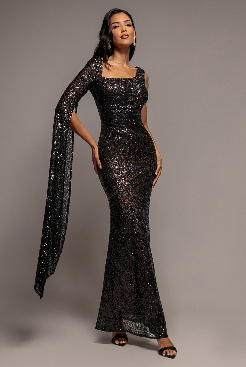 Goddiva One Side Cape Sleeve Sequin Maxi Dress - Black