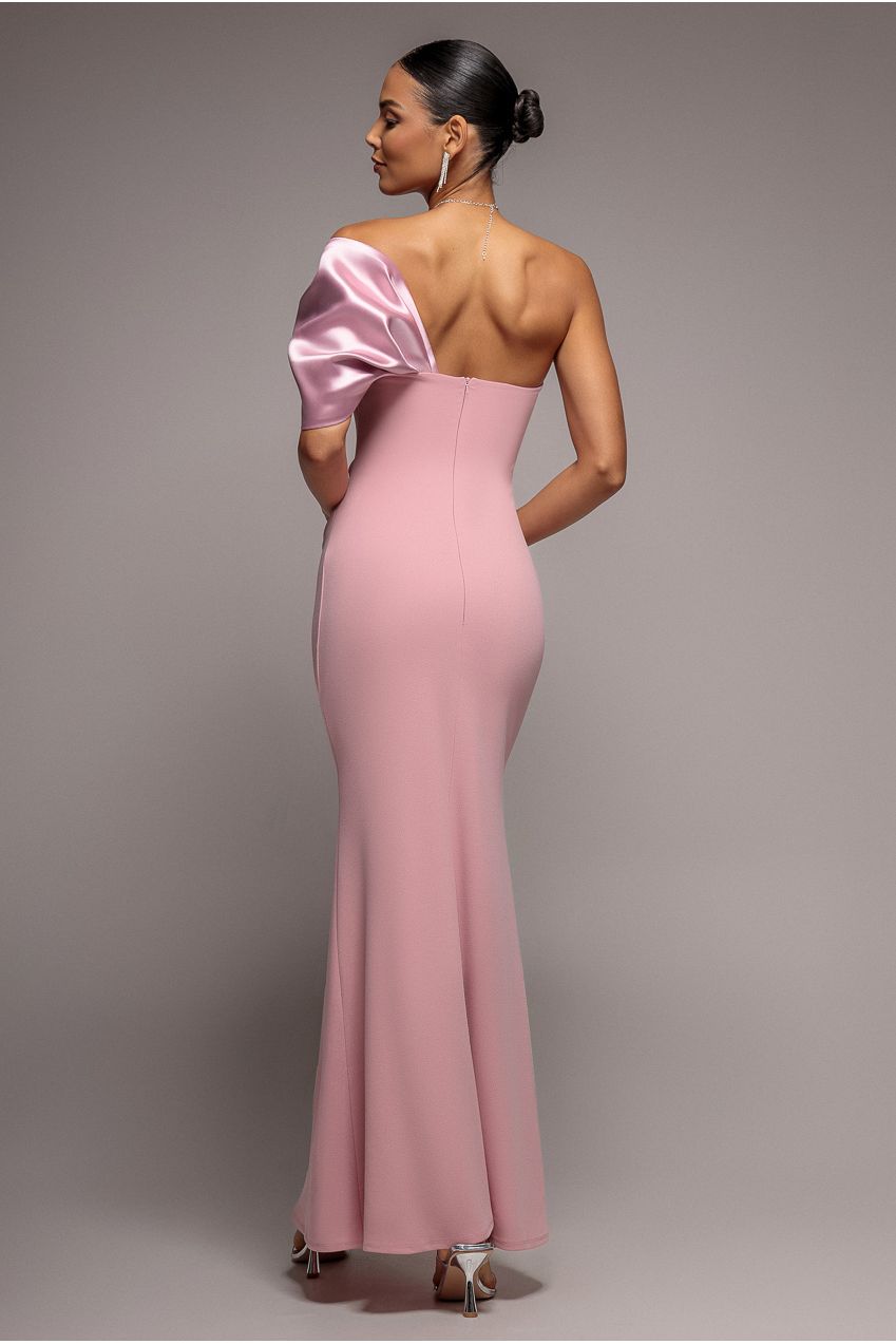 Goddiva Off The Shoulder Satin Bow Neck Maxi Dress - Blush Pink