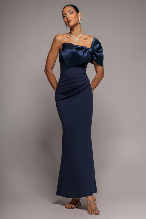 Goddiva Off The Shoulder Satin Bow Neck Maxi Dress - Navy Blue