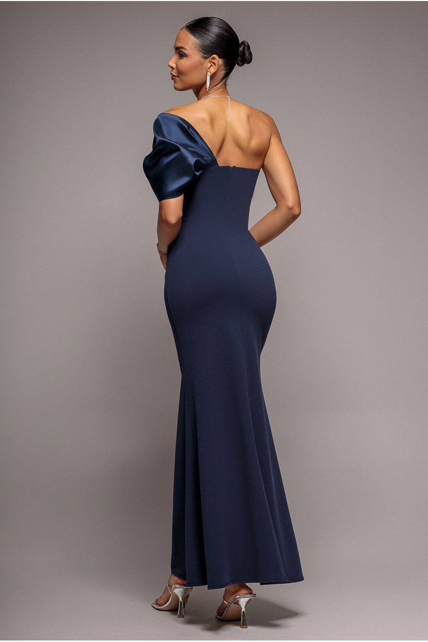 Goddiva Off The Shoulder Satin Bow Neck Maxi Dress - Navy Blue