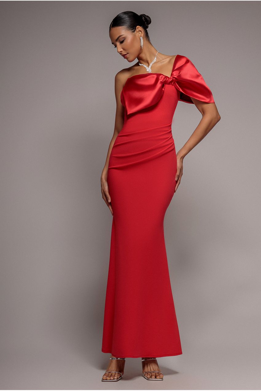 Goddiva Off The Shoulder Satin Bow Neck Maxi Dress - Red