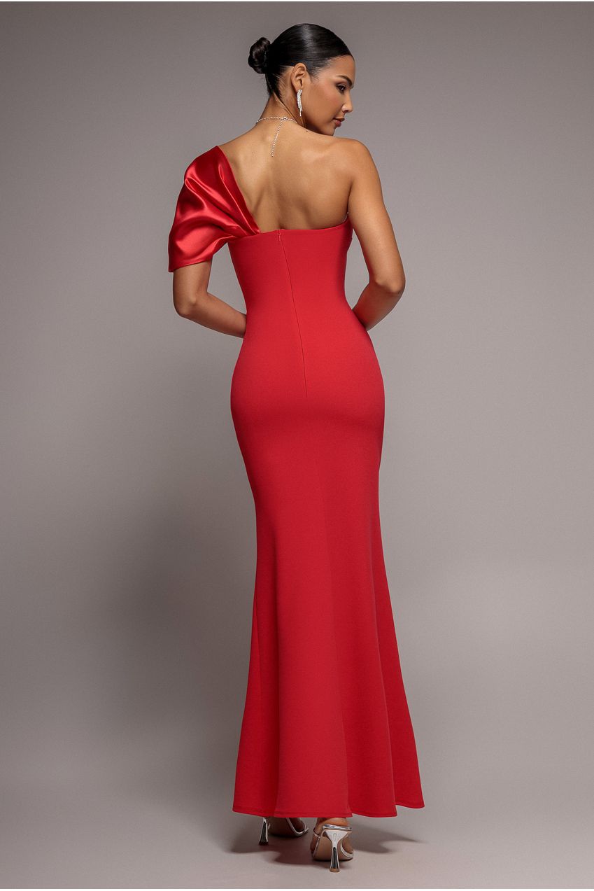 Goddiva Off The Shoulder Satin Bow Neck Maxi Dress - Red