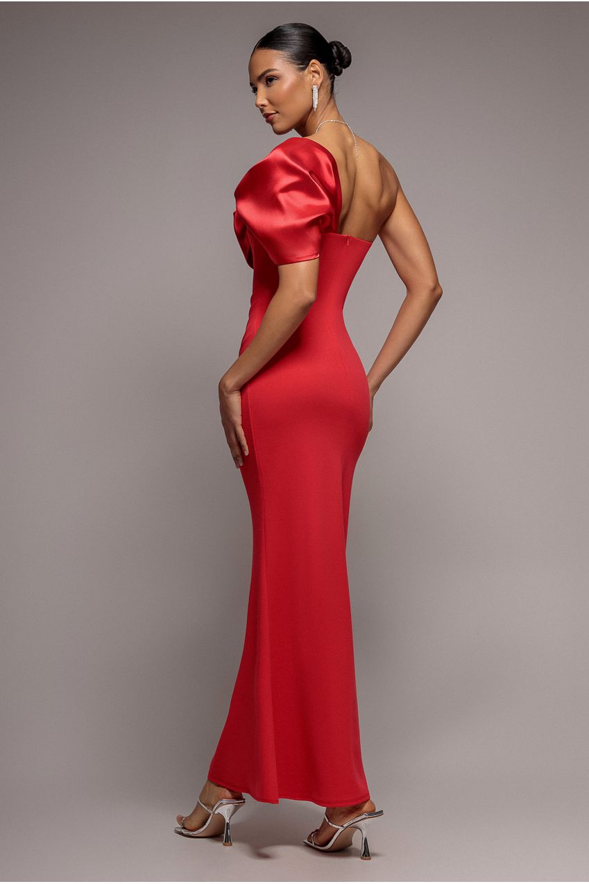 Goddiva Off The Shoulder Satin Bow Neck Maxi Dress - Red