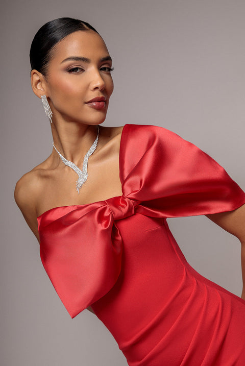 Goddiva Off The Shoulder Satin Bow Neck Maxi Dress - Red