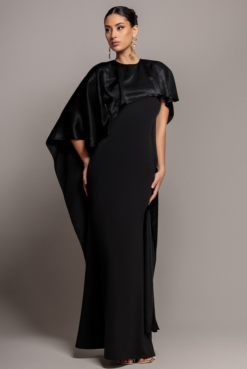 Goddiva Scoop Neck Velvet Satin Cape Sleeve Maxi Dress - Black
