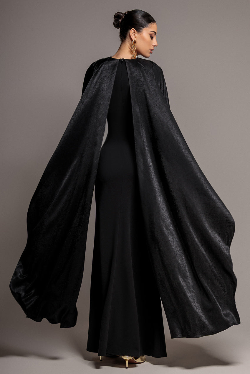 Goddiva Scoop Neck Velvet Satin Cape Sleeve Maxi Dress - Black