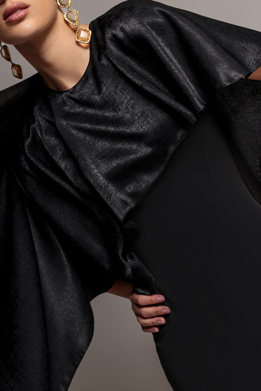 Goddiva Scoop Neck Velvet Satin Cape Sleeve Maxi Dress - Black