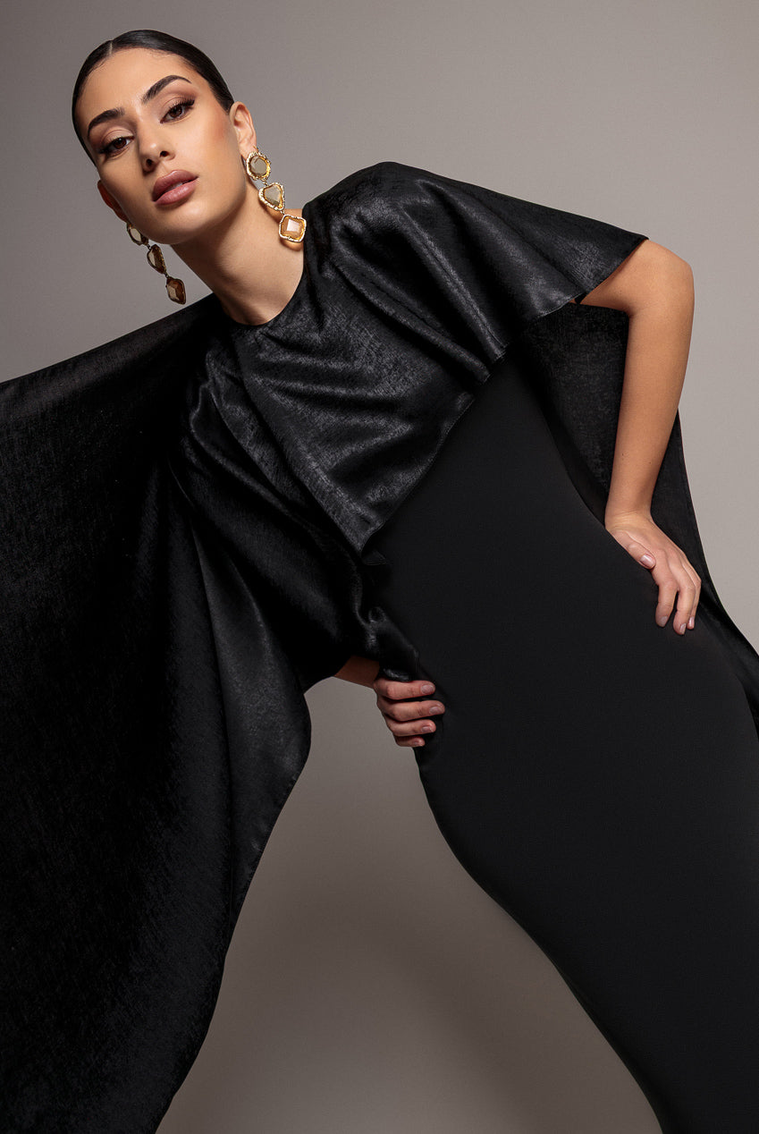 Goddiva Scoop Neck Velvet Satin Cape Sleeve Maxi Dress - Black