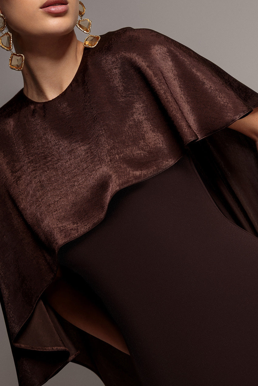 Goddiva Scoop Neck Velvet Satin Cape Sleeve Maxi Dress - Brown