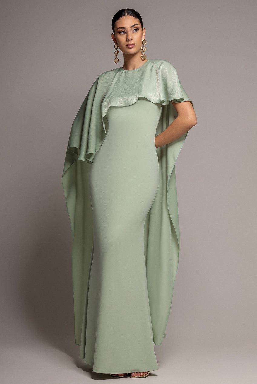 Goddiva Scoop Neck Velvet Satin Cape Sleeve Maxi Dress - Sage Green