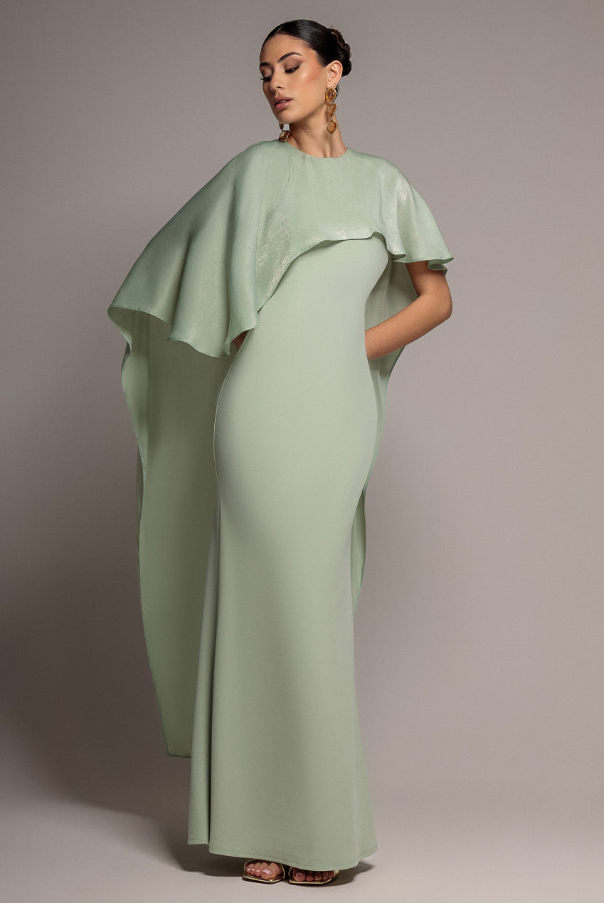 Goddiva Scoop Neck Velvet Satin Cape Sleeve Maxi Dress - Sage Green